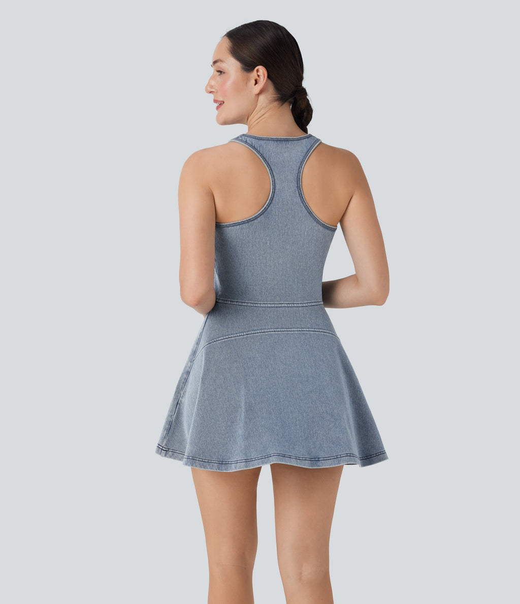 FlexTM Racerback Sleeveless Half Zipper Mini Washed Denim Casual Dress
