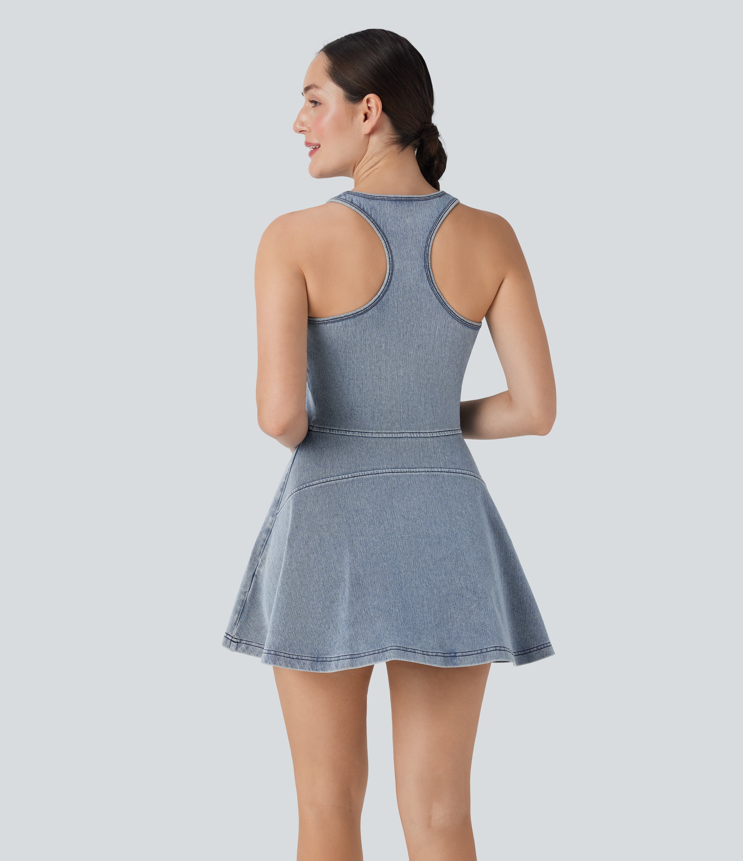 FlexTM Racerback Sleeveless Half Zipper Mini Washed Denim Casual Dress