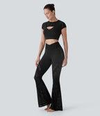 SoftlyZeroTM Contrast Lace Short Sleeve Cropped Yoga Sports Top-UPF50+