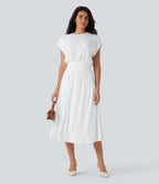 SoCinched Tummy Control Batwing Sleeve Flowy Midi Work Dress with Pockets