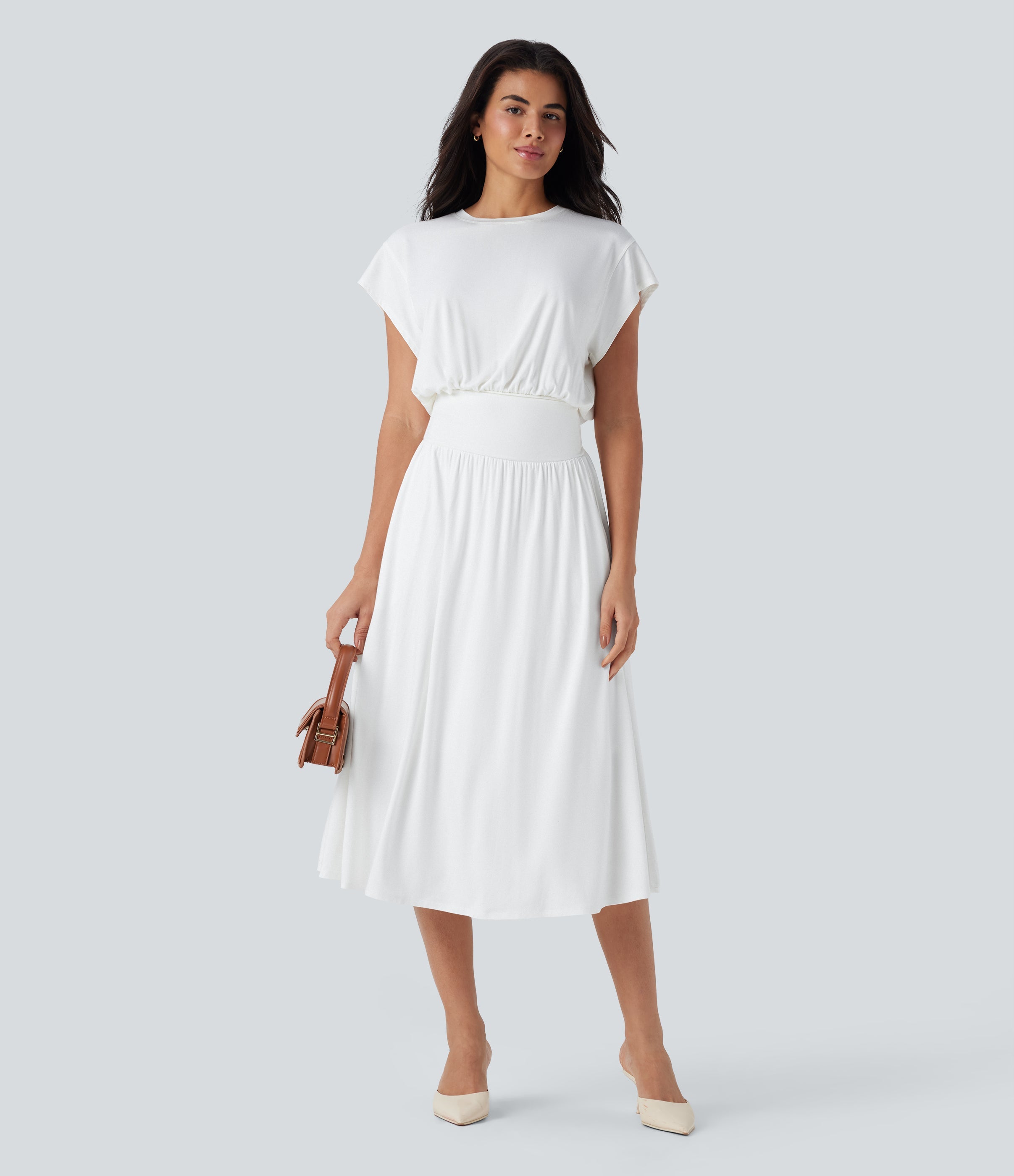SoCinched Tummy Control Batwing Sleeve Flowy Midi Work Dress with Pockets