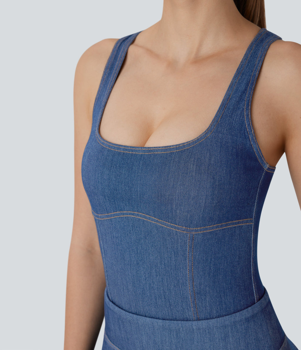 FlexTM Square Neck Racerback Cool Touch Washed Denim Tennis Bodysuit