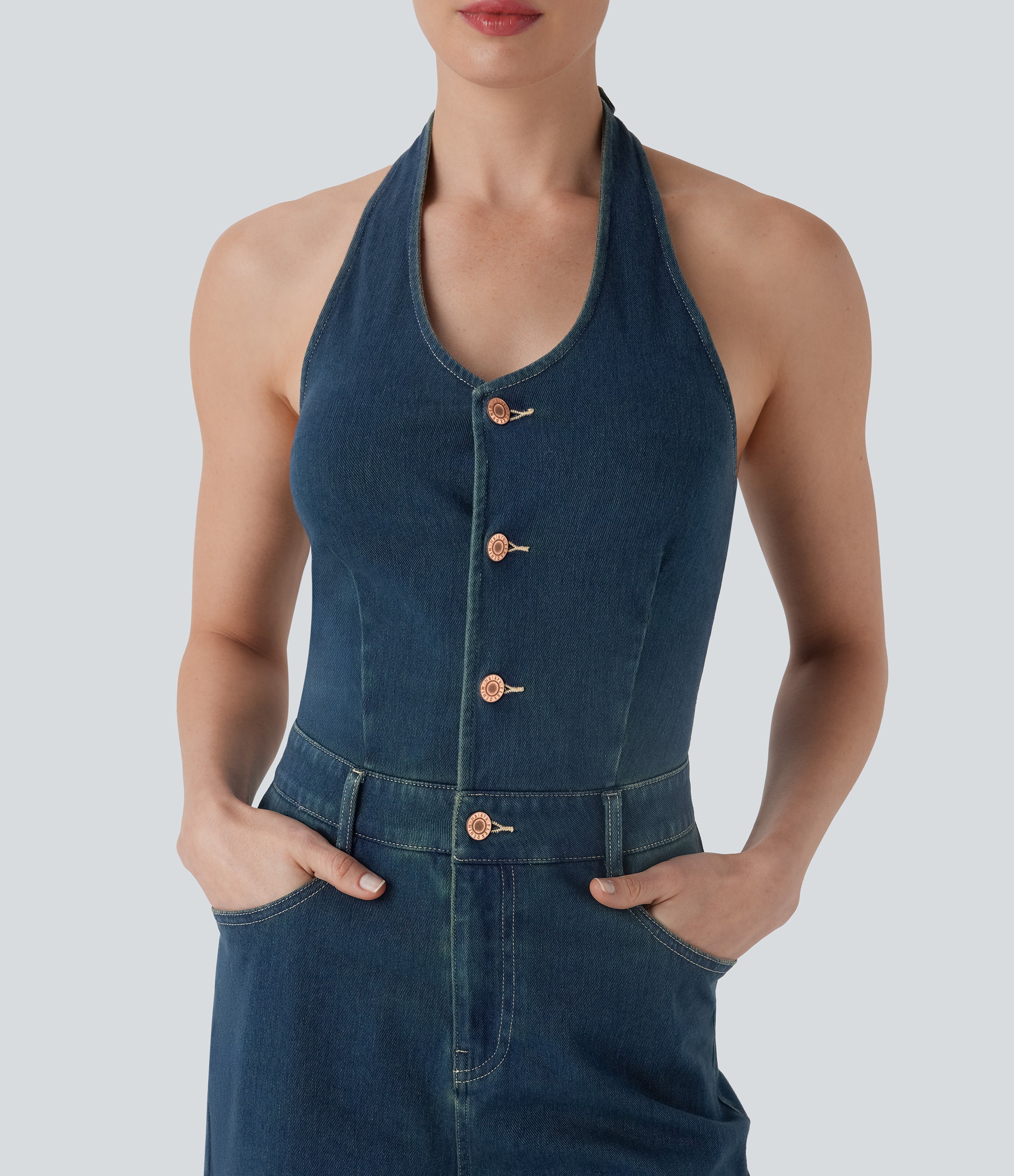 FlexTM Halter Wide Leg Denim Casual Jumpsuit with Pockets
