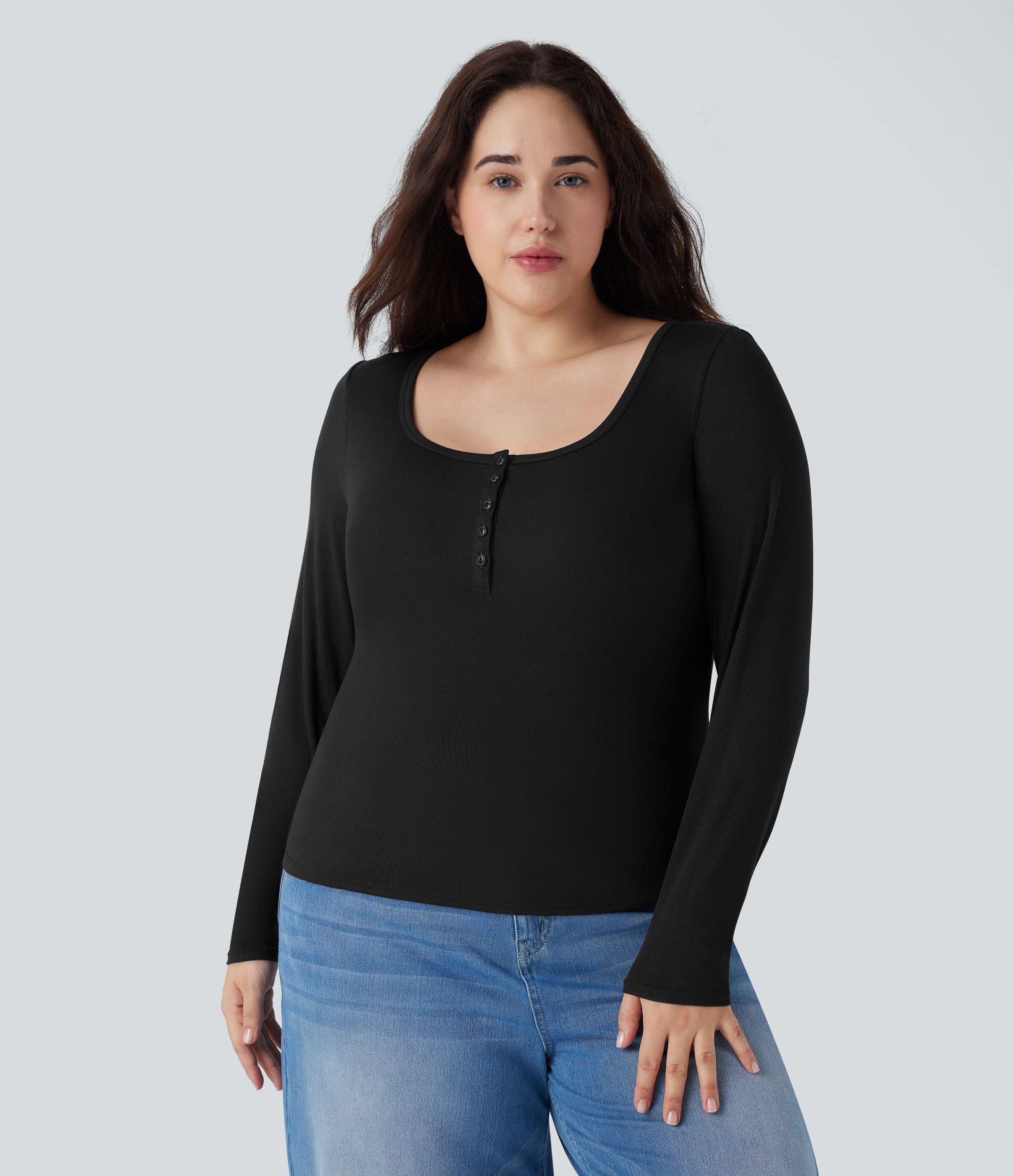 Plus Size Ribbed Henley Neck Long Sleeve Casual Top