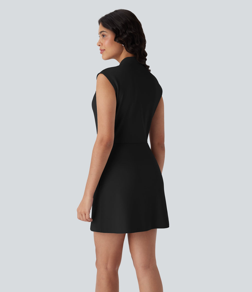 FlexTM V Neck Pleated Sleeveless Mini Micro Waffle Work Dress with Pockets