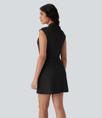 FlexTM V Neck Pleated Sleeveless Mini Micro Waffle Work Dress with Pockets