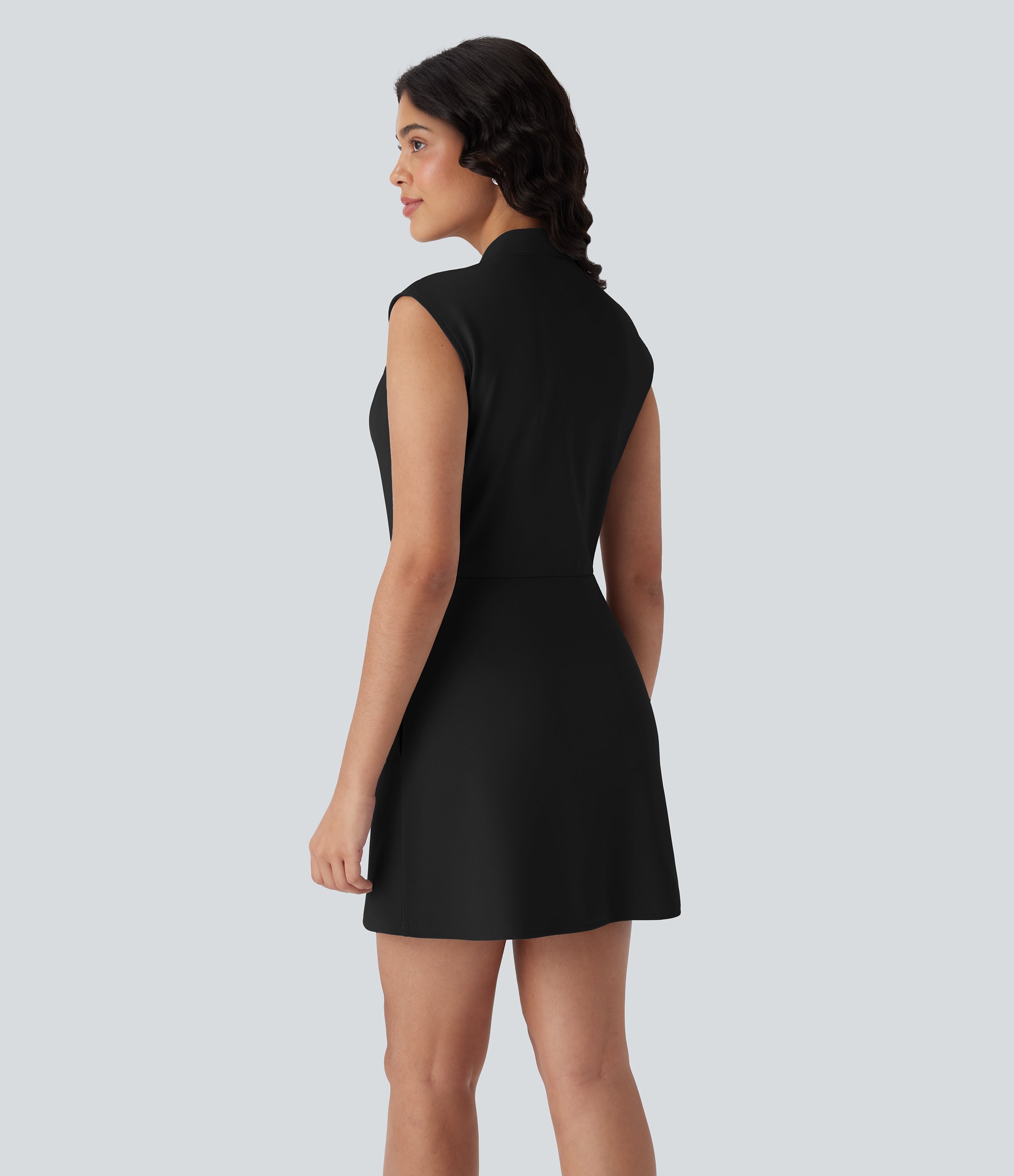 FlexTM V Neck Pleated Sleeveless Mini Micro Waffle Work Dress with Pockets