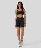 Crossover Mid Rise Color Block Stripe Yoga Biker Shorts 7''