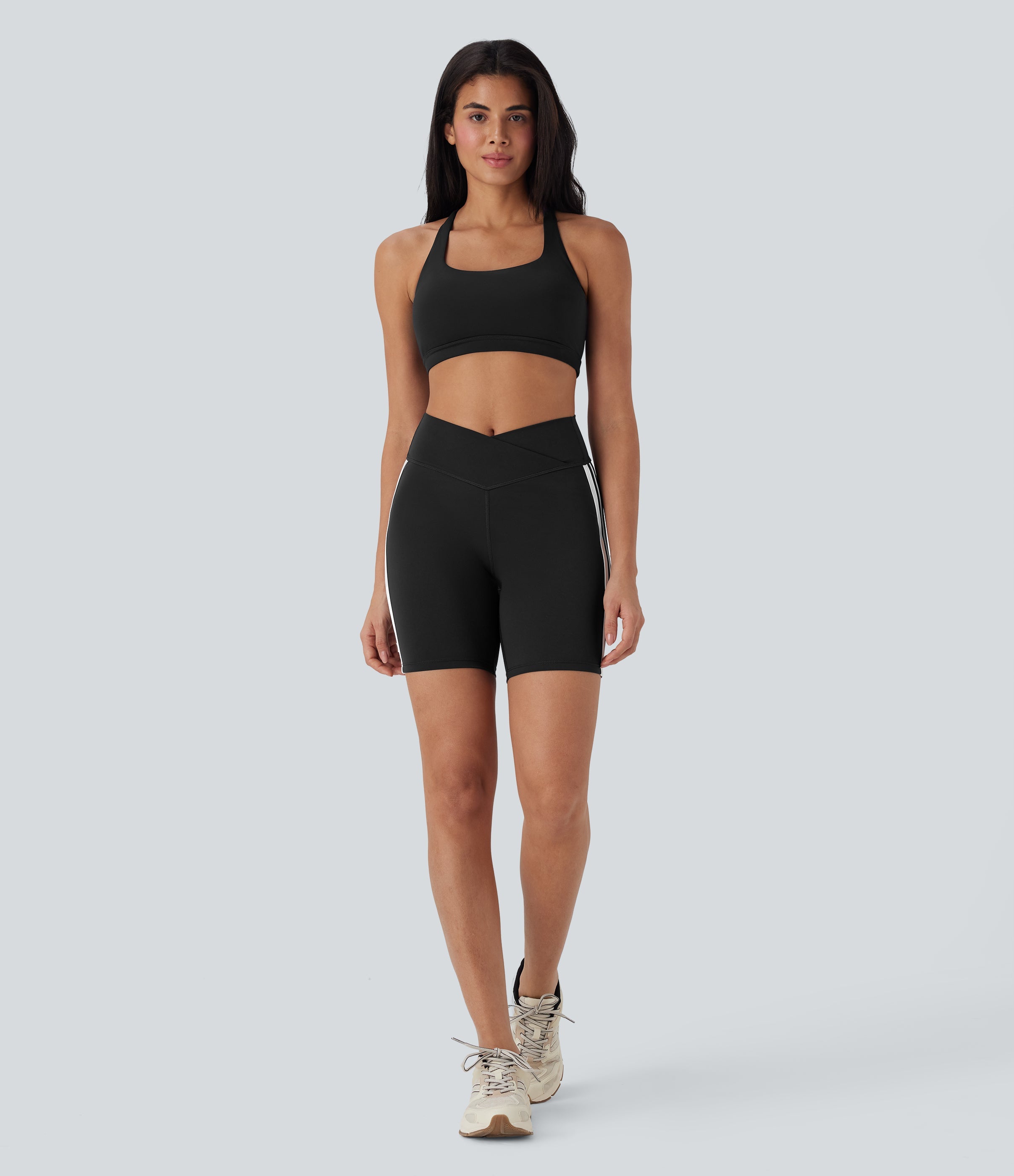 Crossover Mid Rise Color Block Stripe Yoga Biker Shorts 7''