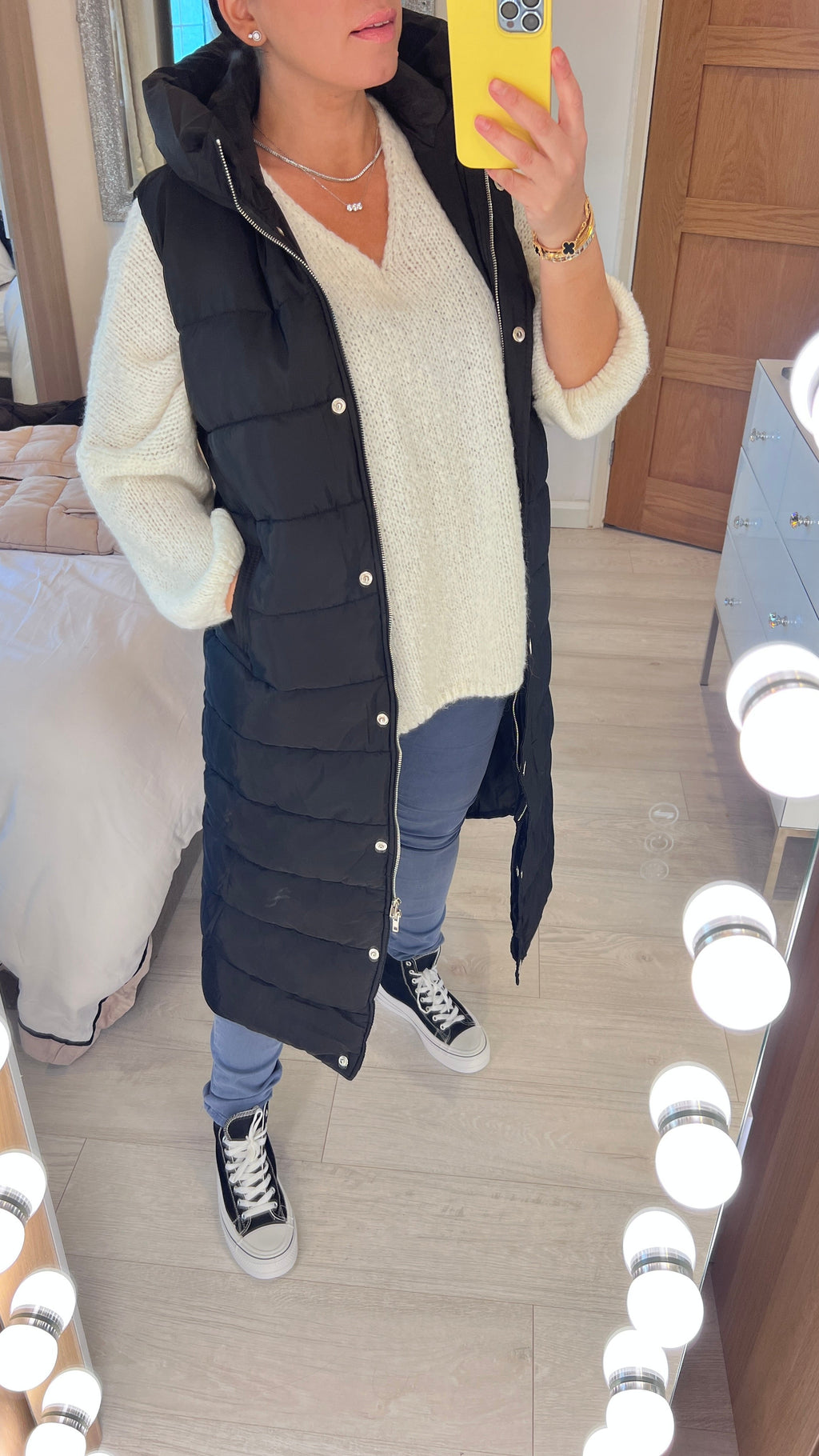 Ellison Black Hooded Longline Puffer Gilet