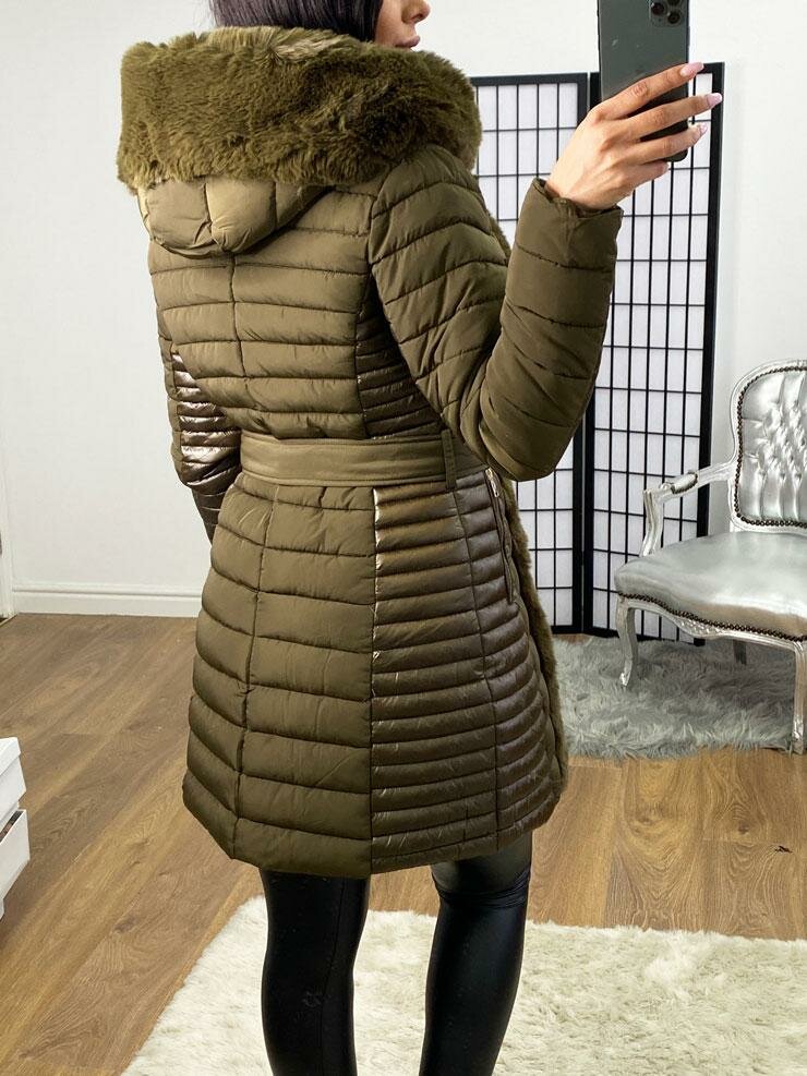 Elvire  Khaki Faux Fur Hooded Wet Look Padded Coat