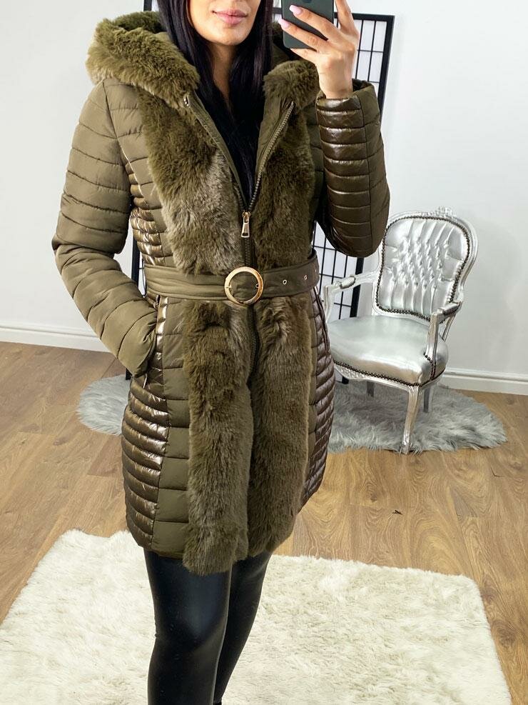Elvire  Khaki Faux Fur Hooded Wet Look Padded Coat