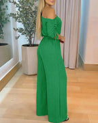 Stretchy Skew Neck Drawstring Sleeve Elastic Waist Overalls Casual High Waist Wide Leg Jumpsuit