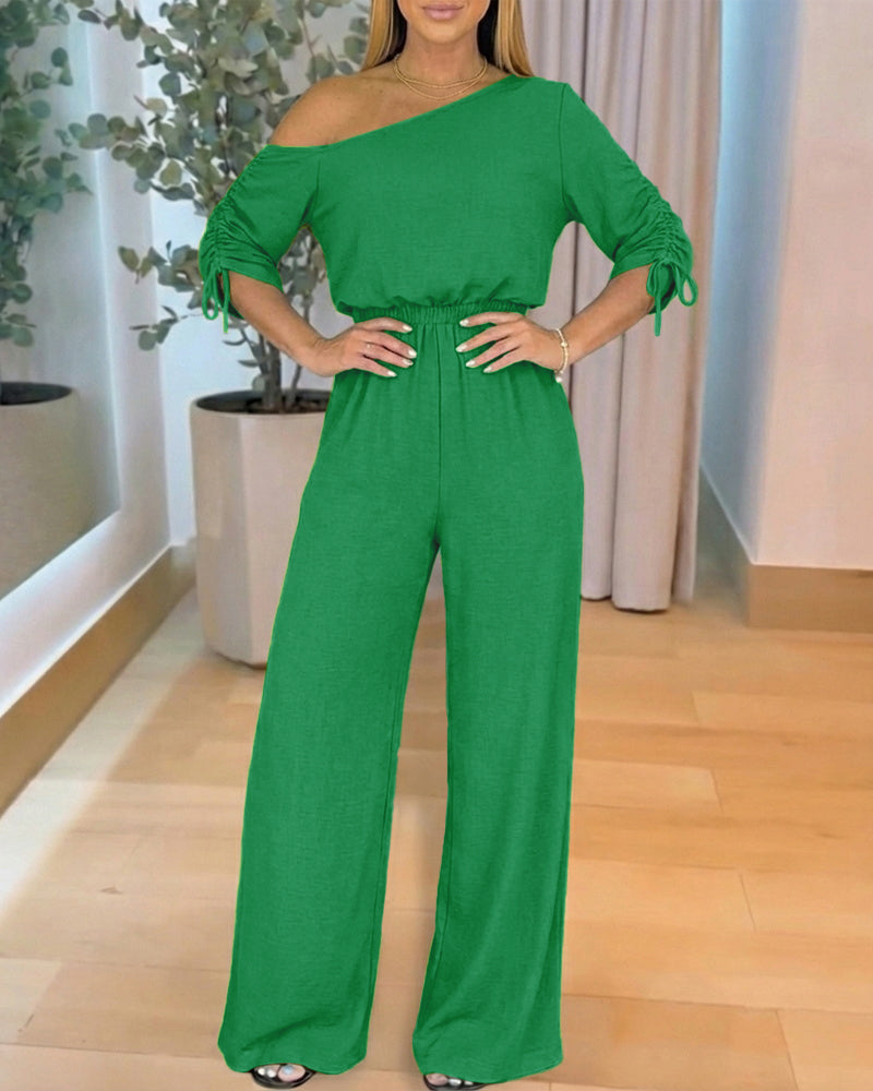 Stretchy Skew Neck Drawstring Sleeve Elastic Waist Overalls Casual High Waist Wide Leg Jumpsuit