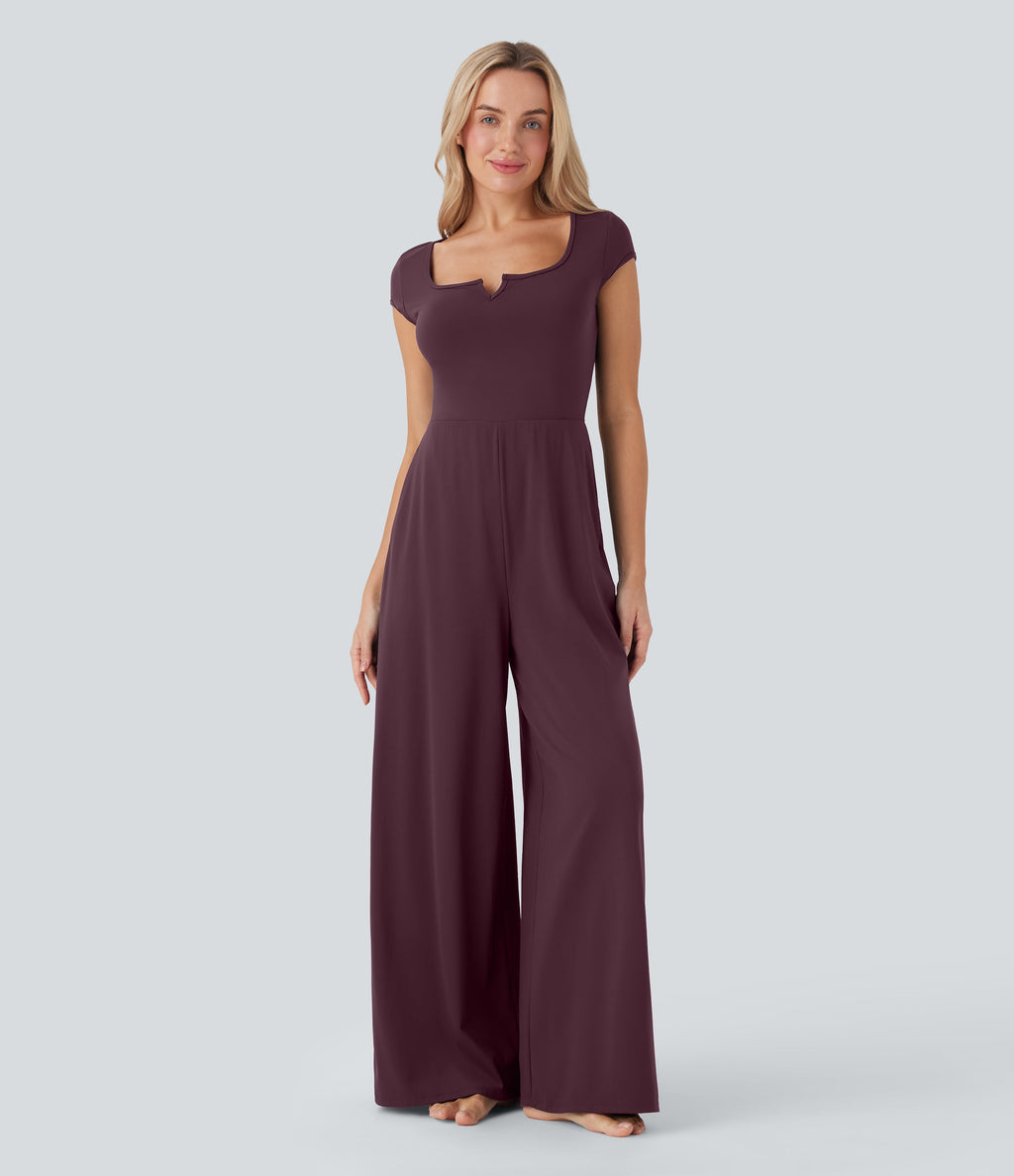 SoftlyZeroTM Airy Short Sleeve Wide Leg Cool Touch Yoga Jumpsuit with Pockets-Easy Peezy Edition