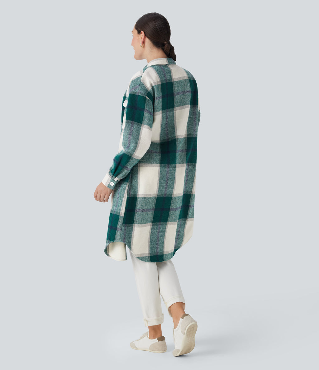 Plaid Curved Hem Longline Casual Jacket with Pockets
