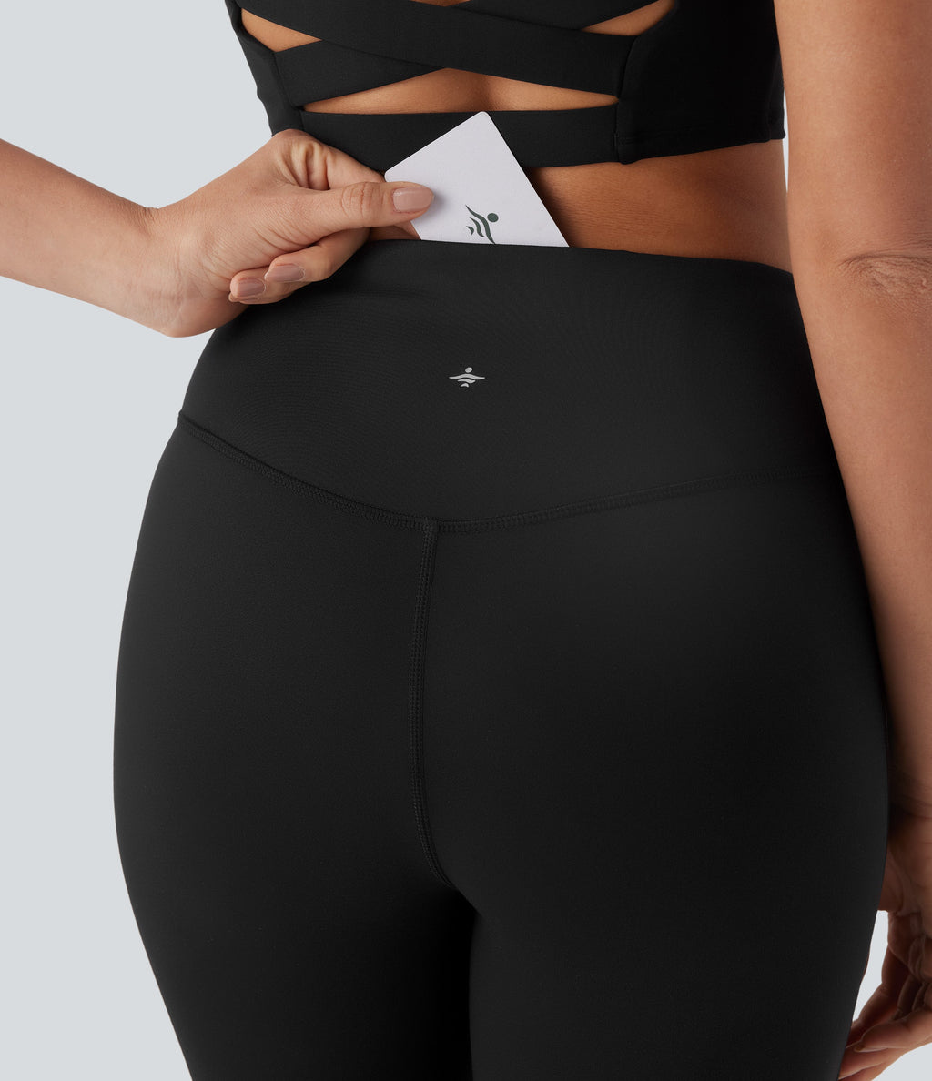 High Waisted Crossover Contrast Mesh Studded Yoga Leggings with Pocket