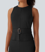 Sleeveless Keyhole-Back Belted Midi Work Dress