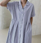 Women's Cotton Striped Shirt Dress Button Up Short Sleeve Midi Long Shift Dress with Pockets(Buy 2 free shipping)