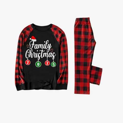 "Family Christmas 2025" Letter Printed Black & Red Plaid Family Matching Black Pajamas