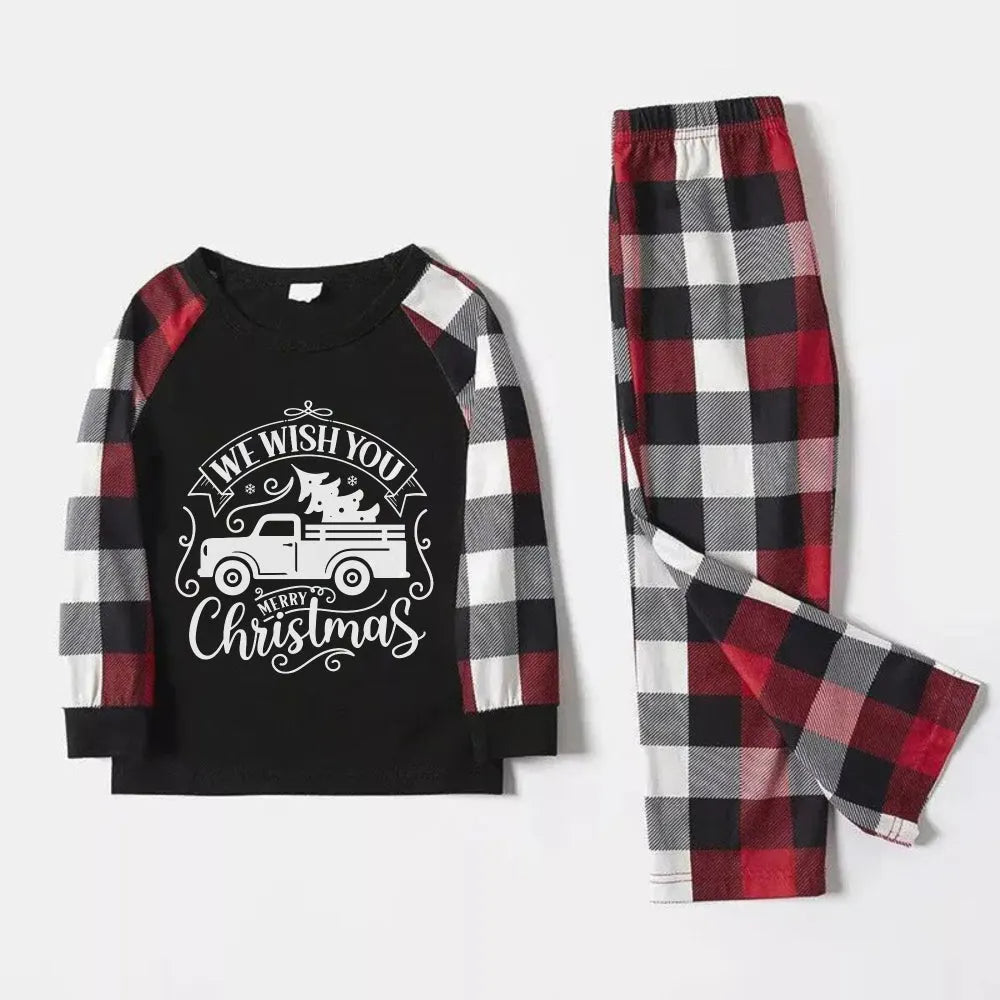 Christmas Family Matching Pajamas-Red and Gray Plaid Pjs set with "We Wish You A Merry Christmas" Artistic Font Slogan Print