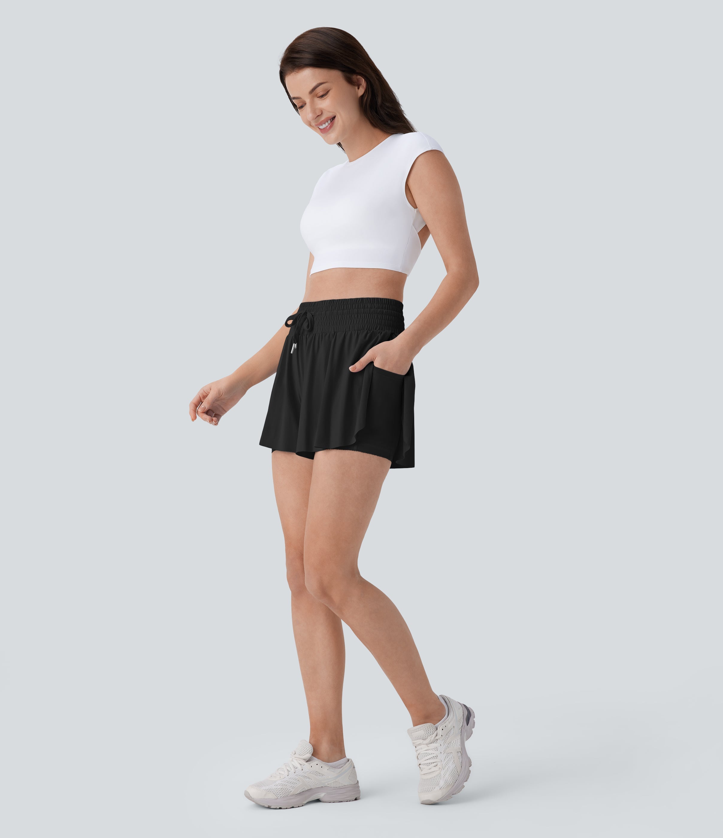 SoCinched High Waisted Tummy Control Drawstring 2-in-1 Anti-slip Hem Cool Touch Yoga Shorts with Pockets-UPF50+