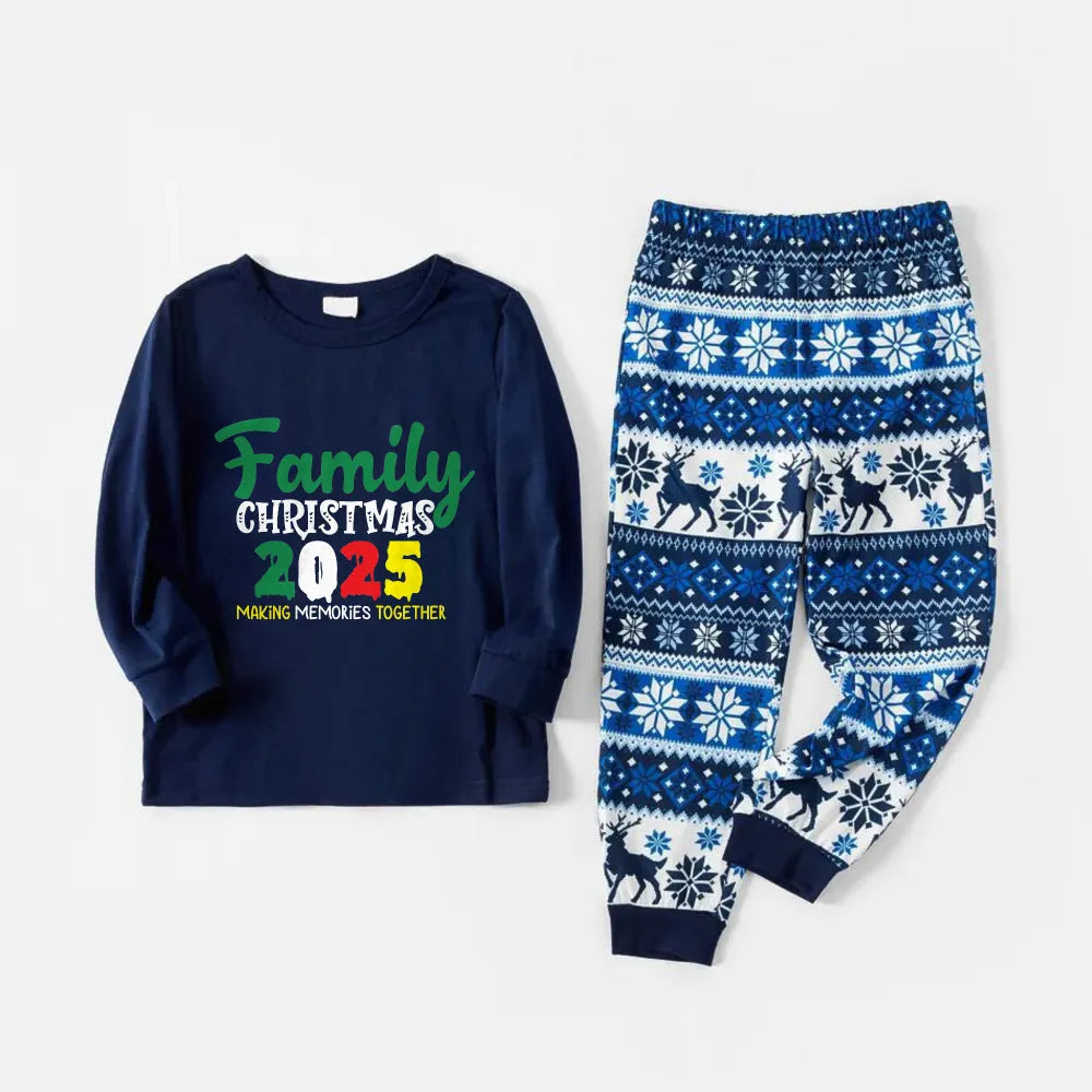 Joyful Blue Christmas Pajamas Set  With 2025 Family Christmas Phrases