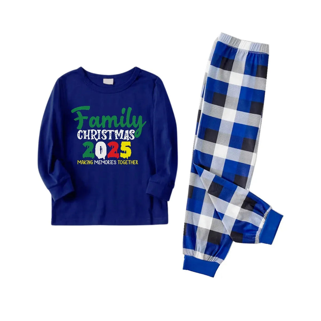 Christmas Family Matching Pajamas-Navy & White Plaid Pjs Set with "Family Christmas 2025" Slogan Print