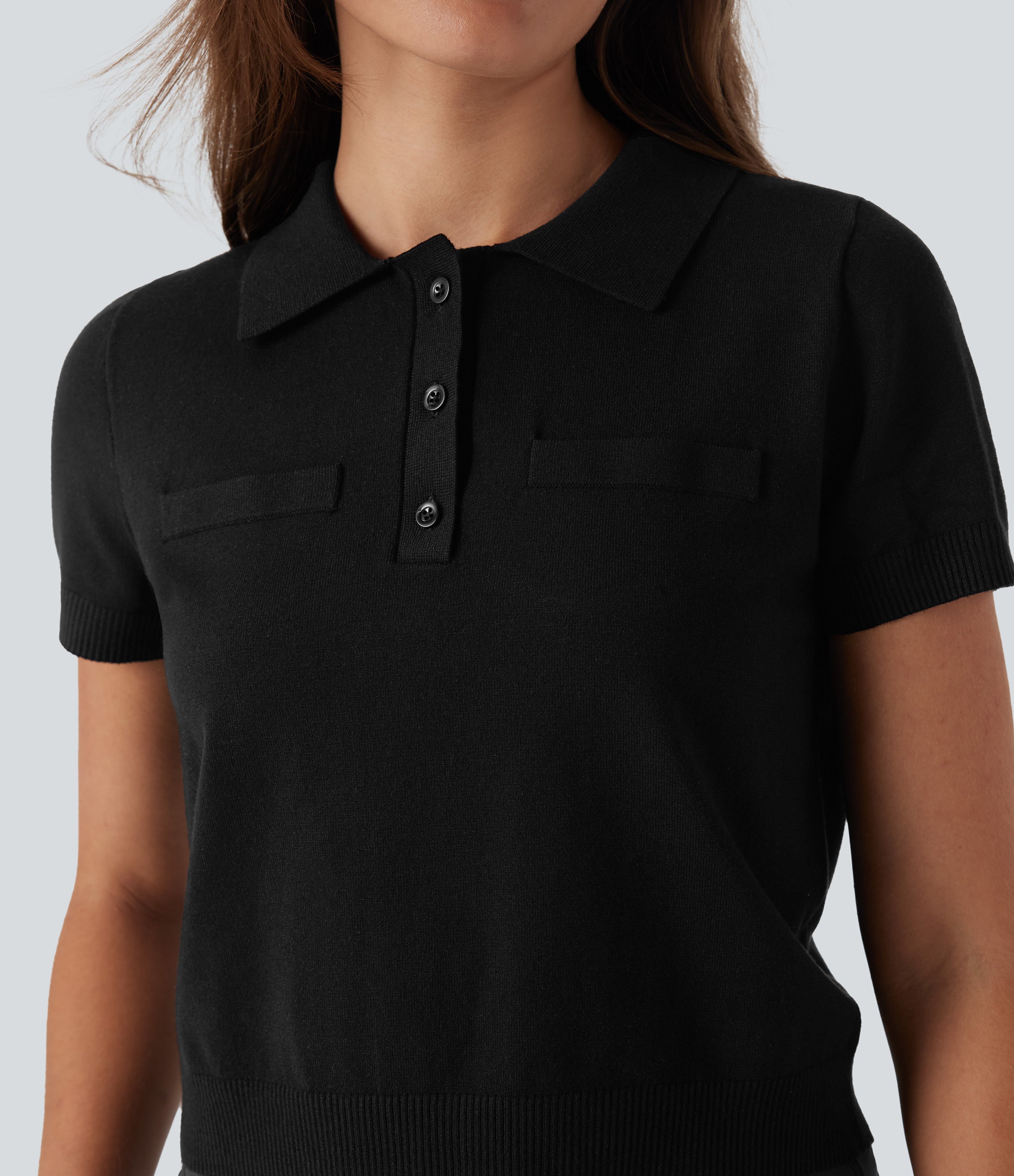 Polo Button Front Short Sleeve Casual Sweater Knit Top