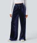 High Waisted Drawstring Wide Leg Velvet Casual Pants with Pockets