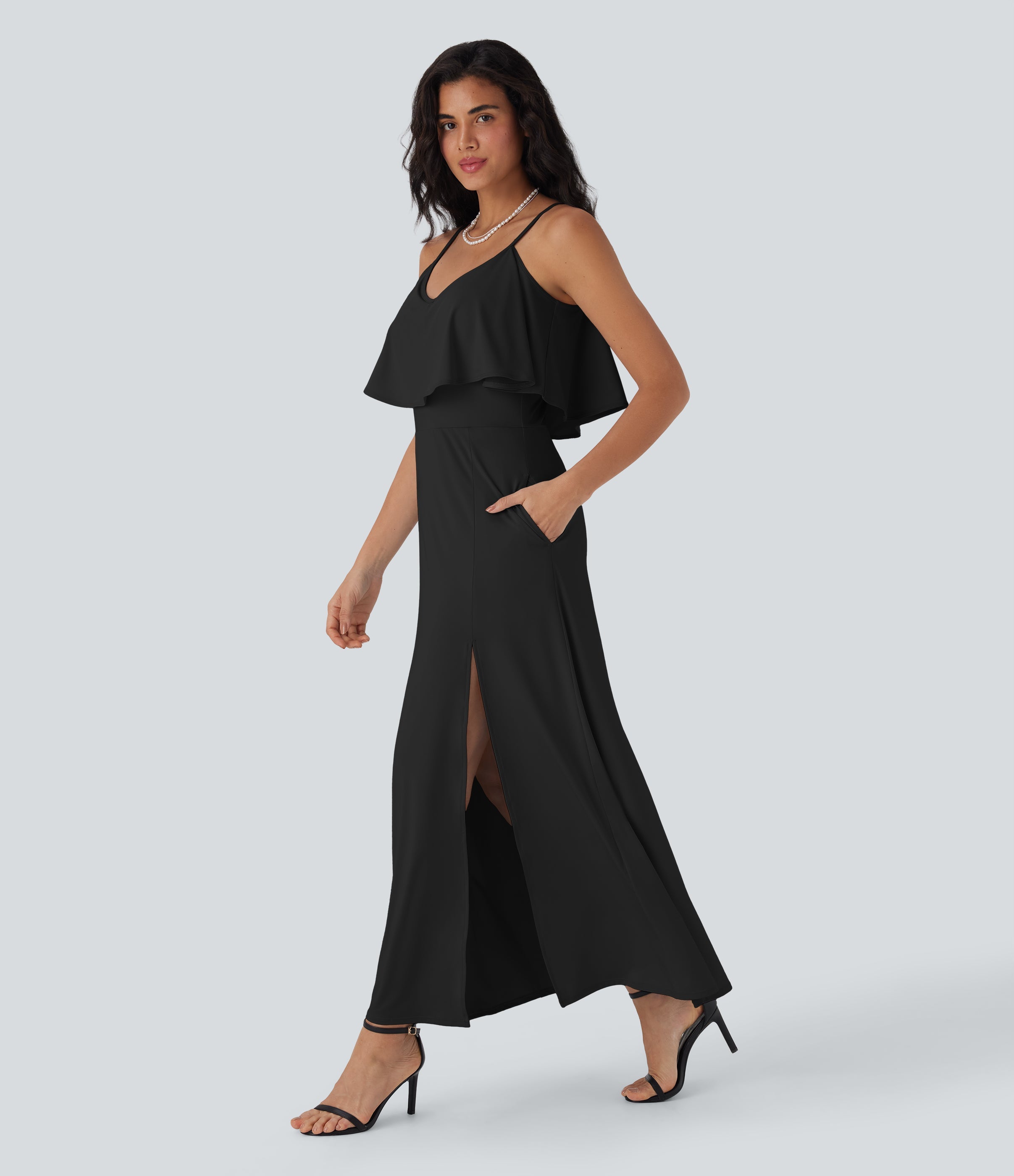 Ruffle Maxi Slip Dress with Pockets