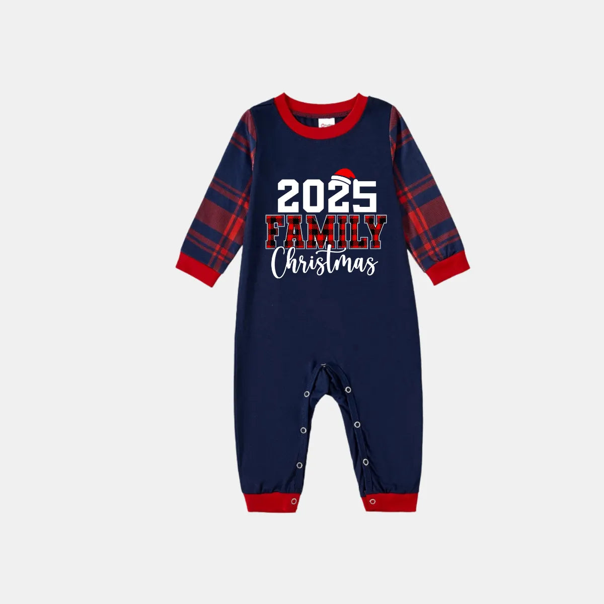 "2025 Christmas" Text and Santa Hat Prints Blue Long Sleeves Top with Red and Blue Plaid Pants Christmas Matching Pajamas