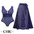 Navy Blue Petal Print Hollow One-Piece V Neck Swimsuit&Skirt