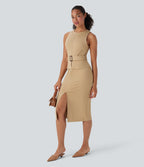 Sleeveless Keyhole-Back Belted Midi Work Dress