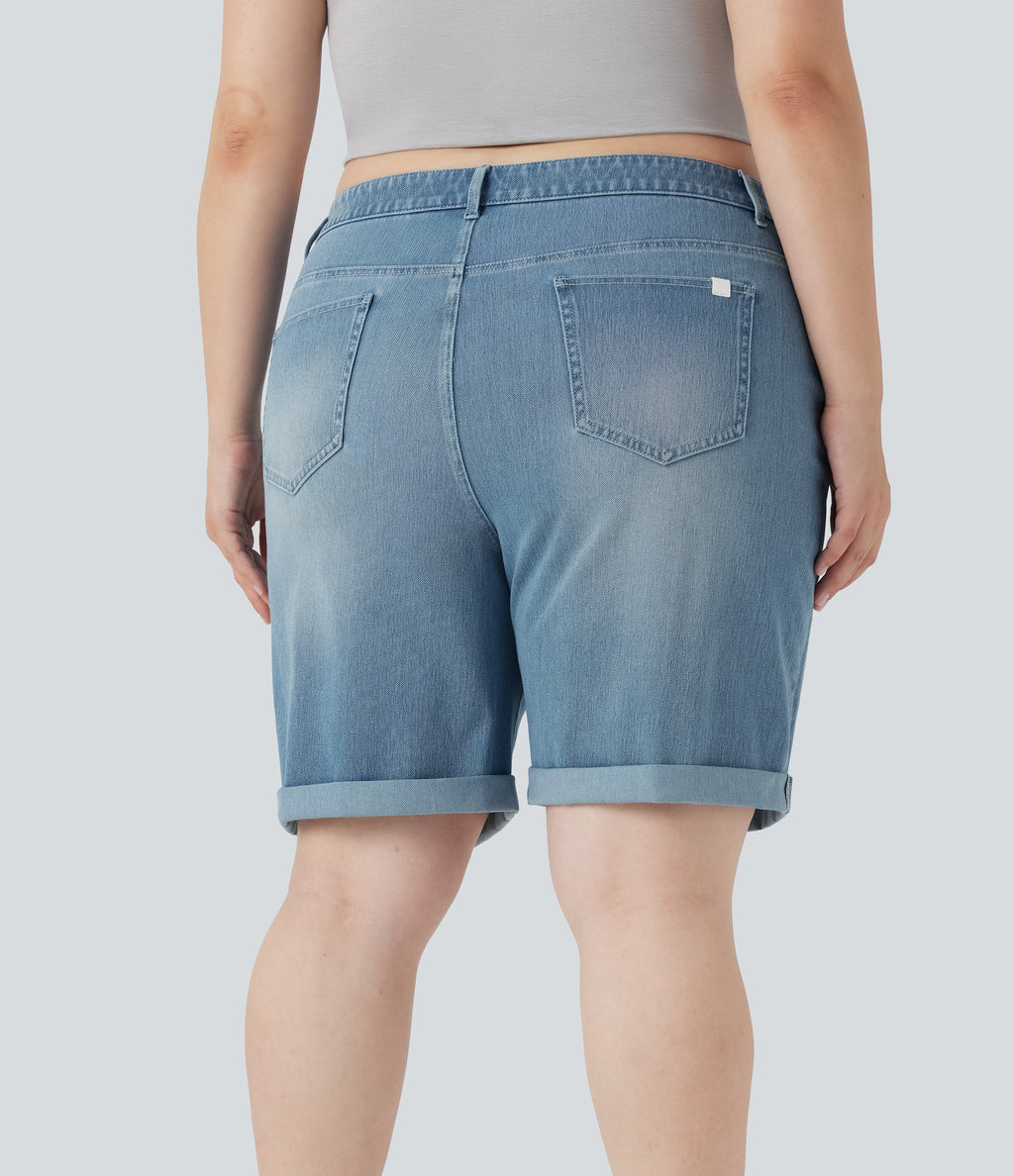 FlexTM High Waisted Multiple Pockets Rolled Hem Washed Stretchy Knit Denim Casual Plus Size Bermuda Shorts