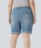 FlexTM High Waisted Multiple Pockets Rolled Hem Washed Stretchy Knit Denim Casual Plus Size Bermuda Shorts