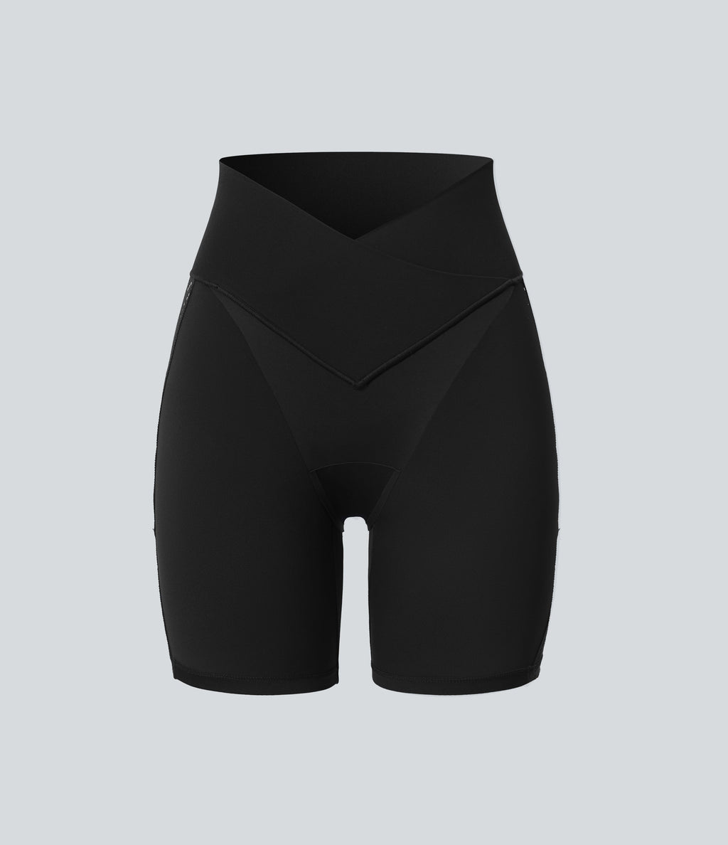 SoftlyZeroTM High Waisted Crossover Contrast Lace Built-in Underwear Yoga Biker Shorts 5'' with Pocket-UPF50+
