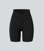 SoftlyZeroTM High Waisted Crossover Contrast Lace Built-in Underwear Yoga Biker Shorts 5'' with Pocket-UPF50+