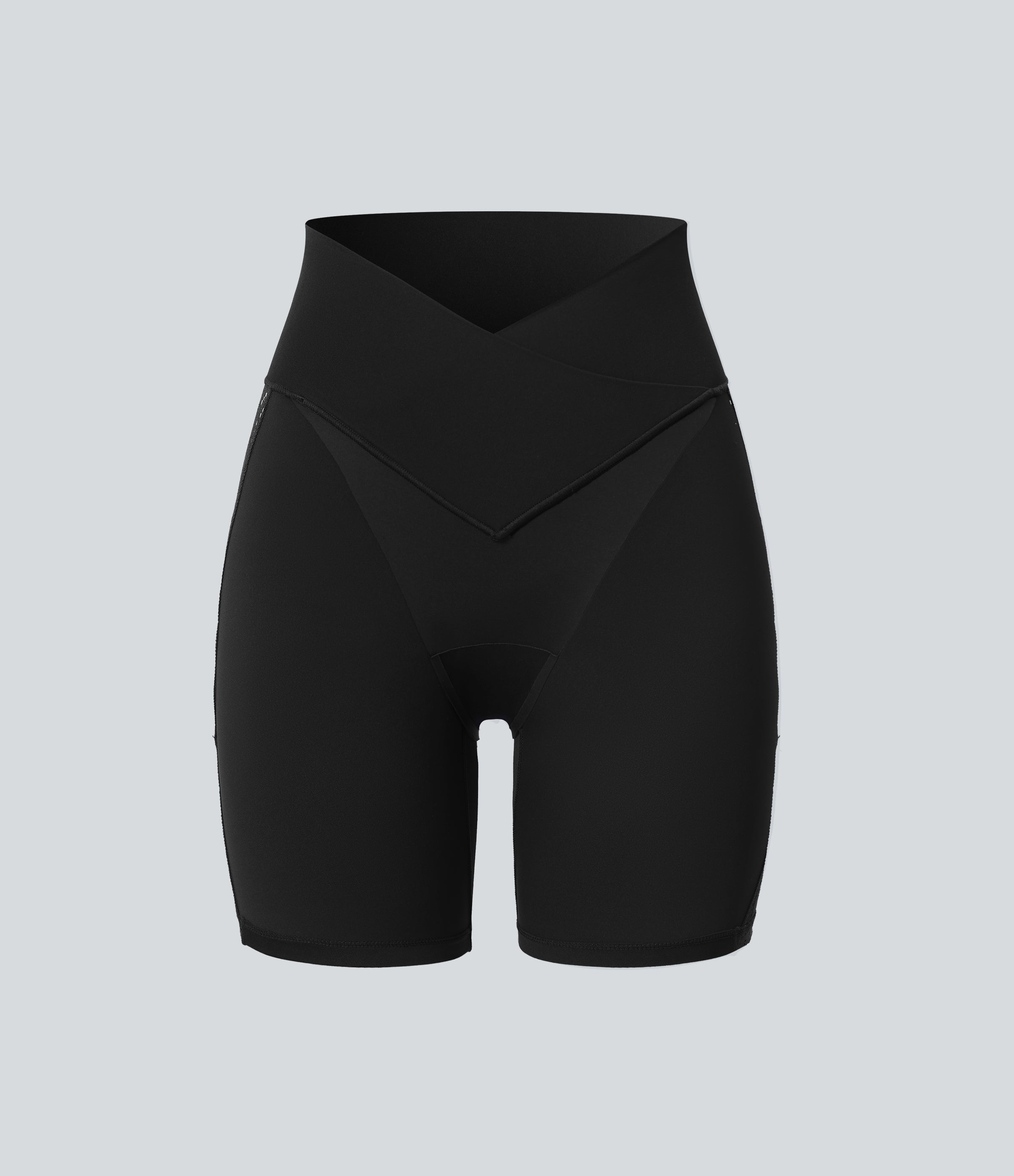 SoftlyZeroTM High Waisted Crossover Contrast Lace Built-in Underwear Yoga Biker Shorts 5'' with Pocket-UPF50+
