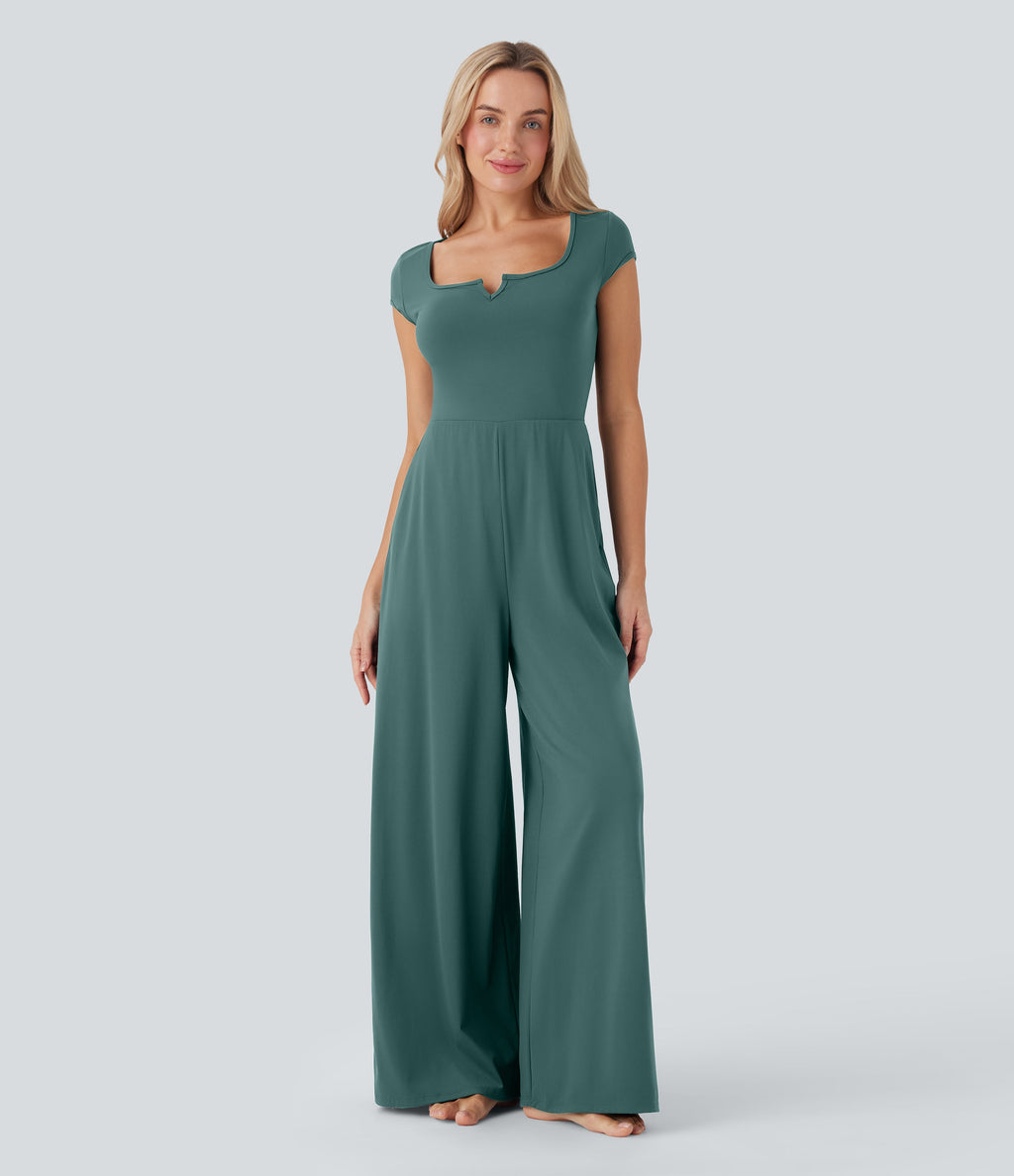 SoftlyZeroTM Airy Short Sleeve Wide Leg Cool Touch Yoga Jumpsuit with Pockets-Easy Peezy Edition
