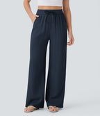 2026🔥 High Waisted Drawstring Pocket Wide Leg Casual Linen-Feel Pants