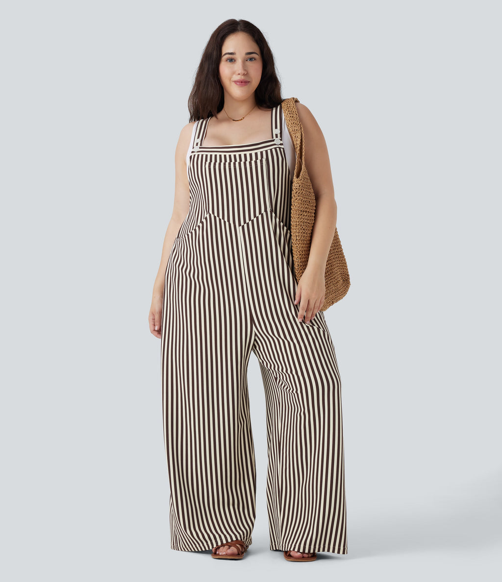 Plus Size Stripe Waffle Overalls with Pockets