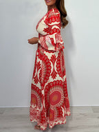 NEW🔥 V Neck Printed Flared Sleeve Elastic Waist Dress- Tax Free