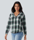 V Neck Curved Hem Plaid Casual Blouse