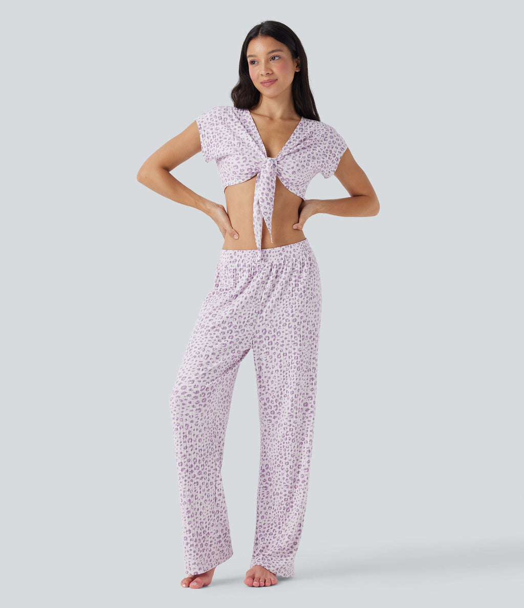 Tie Front Short Sleeve Leopard Print Cropped Lounge Top
