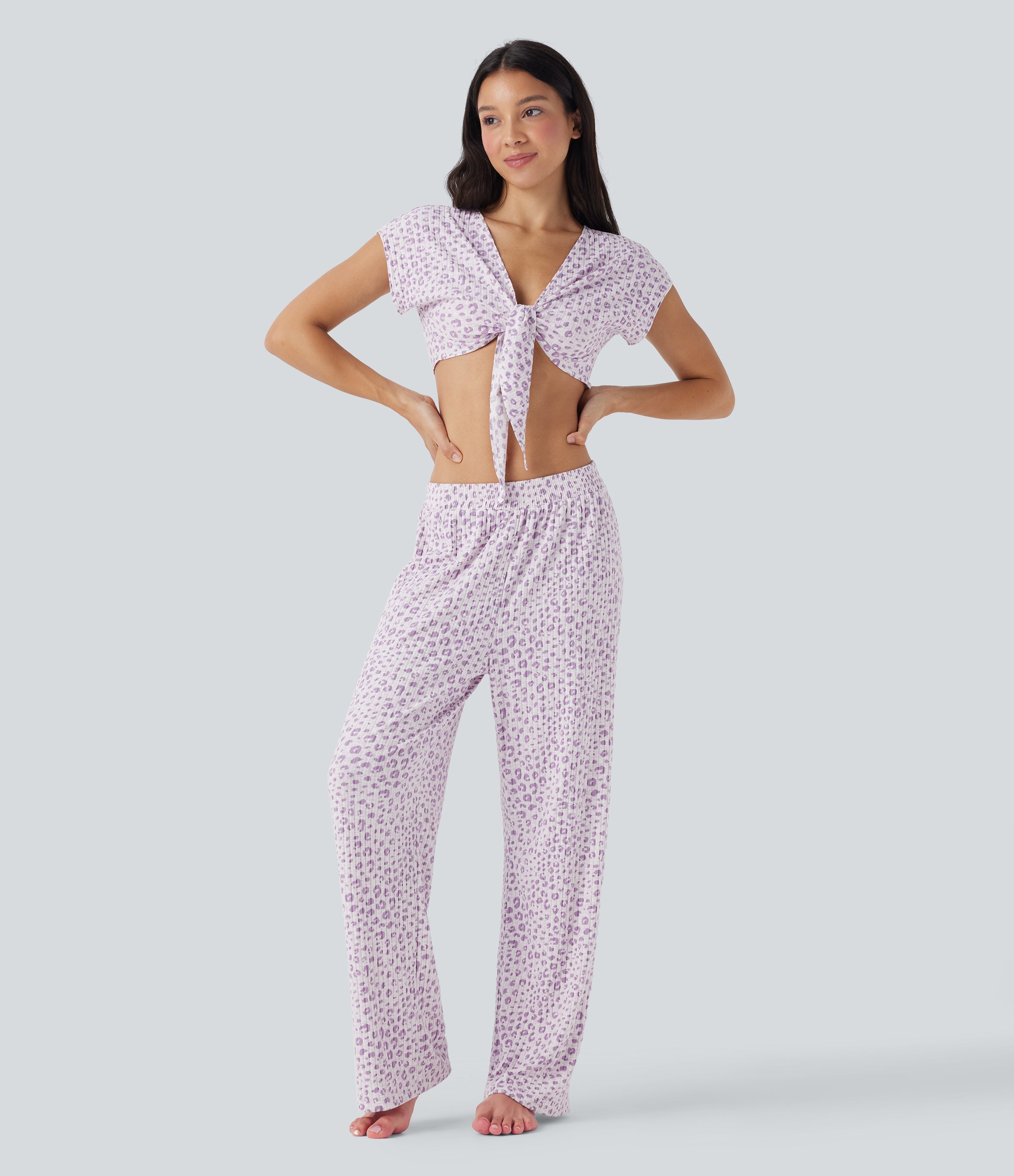 Tie Front Short Sleeve Leopard Print Cropped Lounge Top