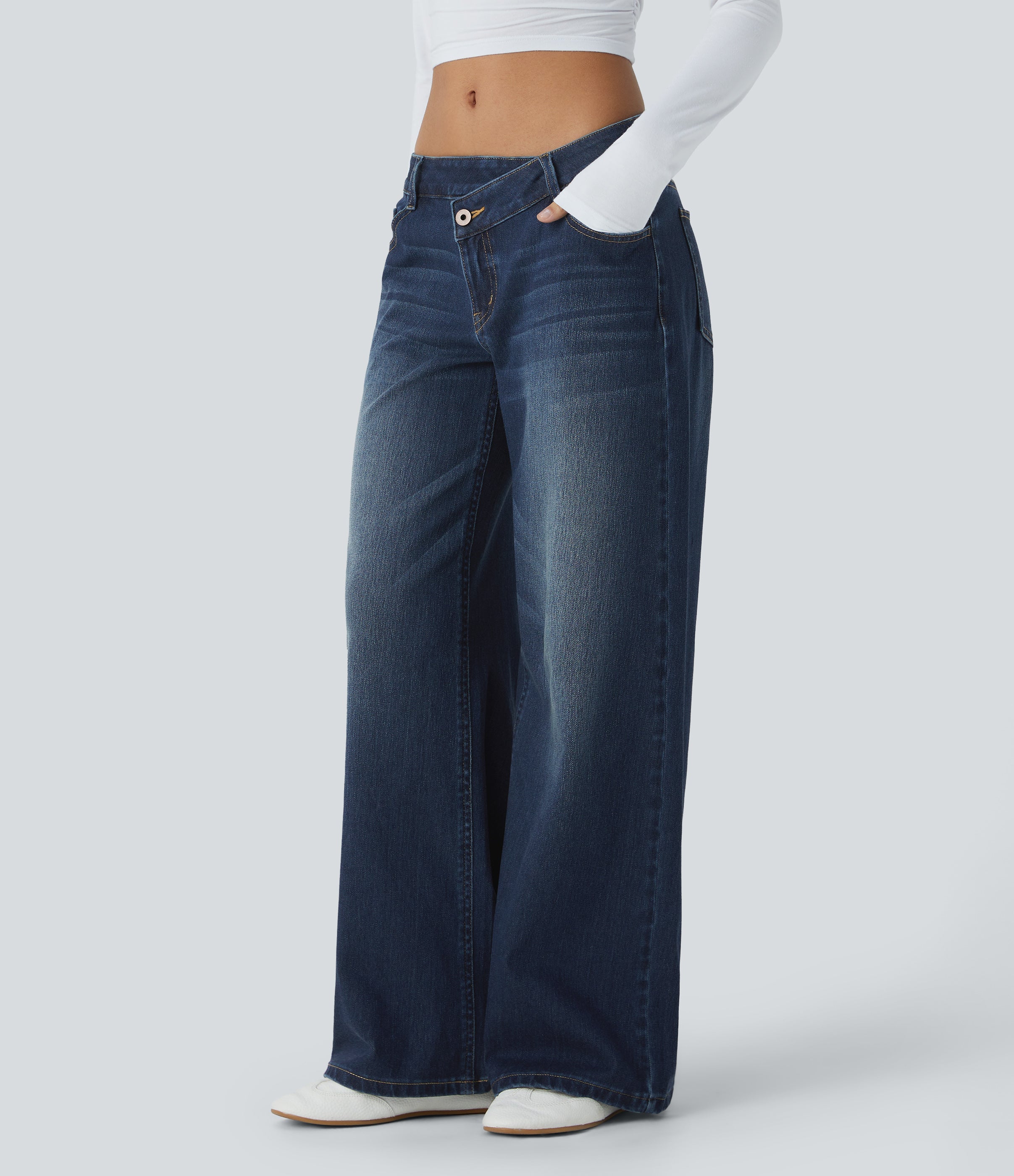 FlexTM Asymmetric Low Rise Zipper Pockets Baggy Wide Leg Washed Casual Jeans