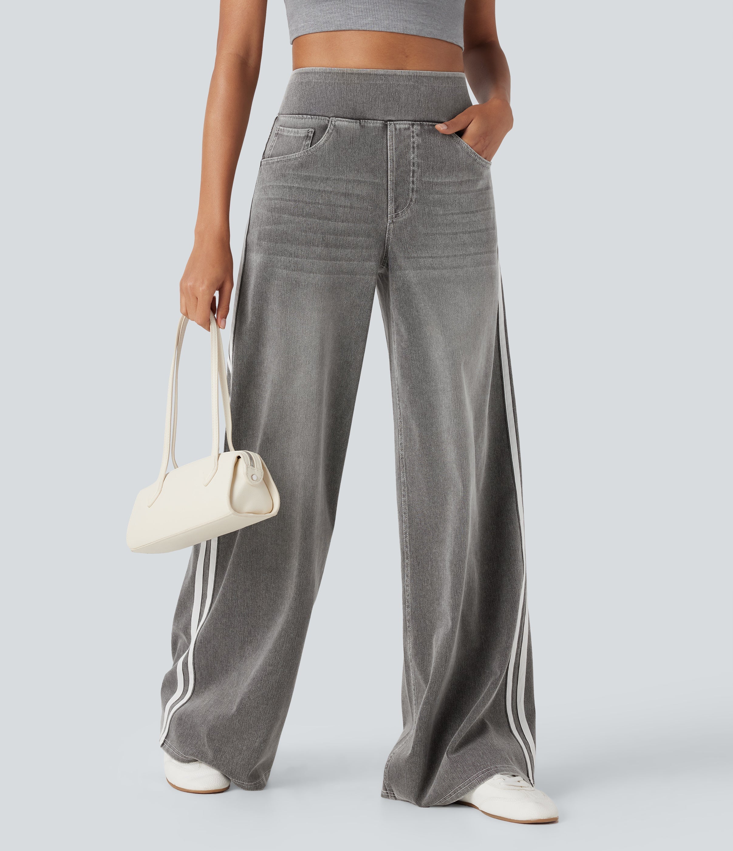 FlexTM High Waisted Stripe Wide Leg Flowy Washed Casual Jeans with Pockets