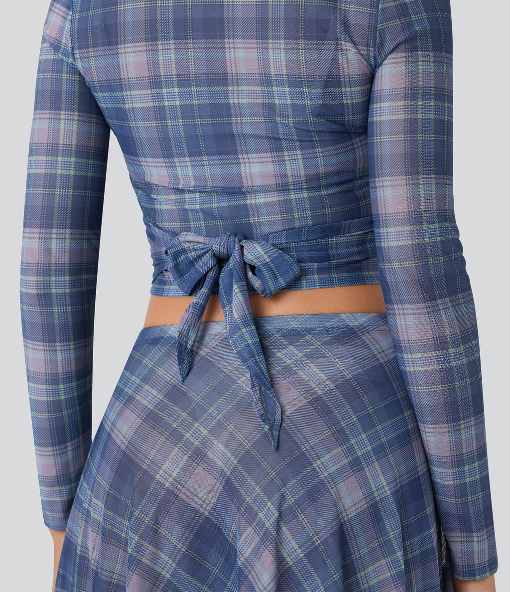 Sheer Mesh V-Neck Wrapped Tie-Back Top