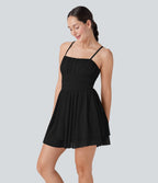 Ruched Tiered Mesh Overlay 2-in-1 Mini Dance Slip Active Dress with Pocket-Easy Peezy